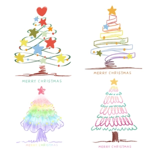 Artistic Christmas tree window stickers set with four unique hand-drawn holiday designs