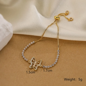 Detail view of 18K gold plated butterfly bracelet with dimensions 1.5cm by 1.7cm and 5g weight