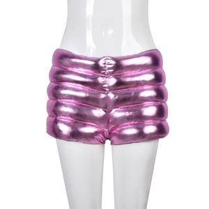 Detail of pink metallic quilted shorts with high-shine finish and horizontal stitching