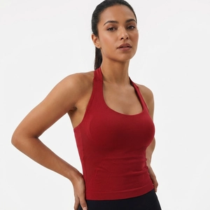 Slim fit burgundy halter neck sports vest with breathable knit for yoga and gym