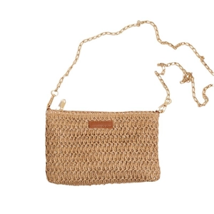 Chic straw woven square crossbody bag with gold metal chain strap for beach vacations