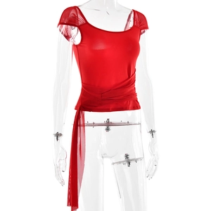 Detail view of red slim fit top with sheer mesh sleeves and adjustable waist tie ribbon
