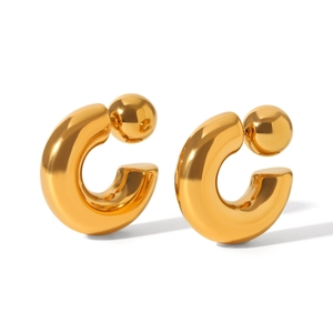 Minimalist 18K gold plated hollow C-shaped stainless steel earrings on white background