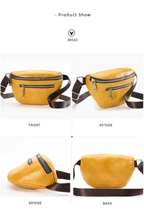 Detail view of a textured yellow crossbody chest bag showing zippers and multi-angle views