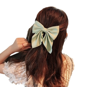 Light green satin oversized bow hair clip shown on back of head with white lace shirt
