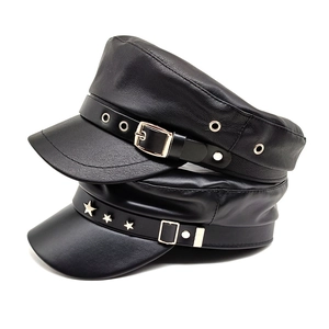 Women PU Leather Newsboy Cap Flat Top Military Hat With Star Rivets Metal Buckle Vintage Casual Punk Style Black
