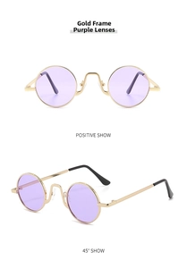 Detail view of round gold frame sunglasses with purple lenses from two angles