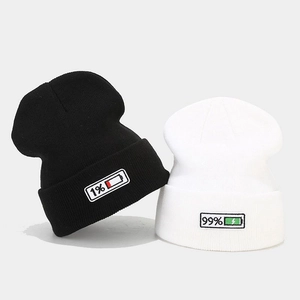 Beanie Hat Acrylic Knitted Battery Embroidery Patch Slouchy Hip Hop Streetwear Warm Winter For Men Women