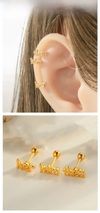 Macro shot of gold 'her' 'him' and 'them' word stud earrings for cartilage piercing