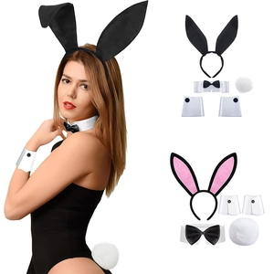 Satin rabbit cosplay costume set featuring bunny ears headband and black bodysuit accessory