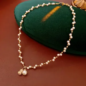 Elegant Faux Artificial Pearl Necklace With Gourd Pendant Pave Zircon Gold Plated Choker Vintage Jewelry For Women Gift