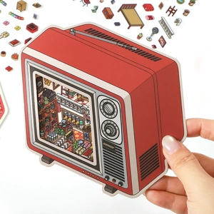 Retro red TV-shaped decorative sticker featuring a miniature 2.5D creative scenery