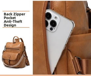 Detail of anti-theft back zipper pocket on brown leather backpack for secure phone storage