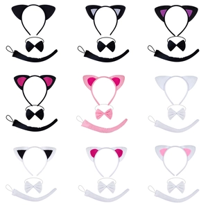 Plush Cat Ears Headband With Bow Tie And Tail Costume Accessories For Kids Party Cosplay Animal Cartoon Style