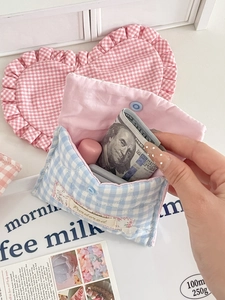 Blue and white plaid quilted cotton pouch for cosmetics and small daily essentials