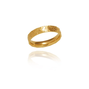 Polished gold plated titanium steel ring with irregular dragon scale texture on white background