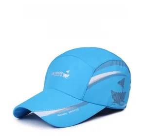 Detail of lake blue quick-dry sports cap with Aquatic SPORTS logo and sailboat graphic