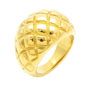 Polished 18K gold plated ring with a distinctive quilted diamond pattern at a 45-degree angle