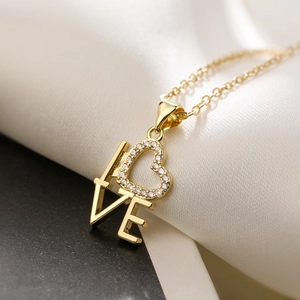 18K gold plated necklace with LOVE letter pendant and heart-shaped cubic zirconia