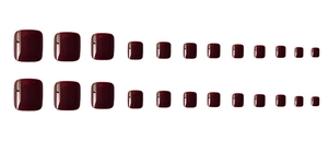Macro display of 24 dark burgundy glossy press-on toenails on a plain white background