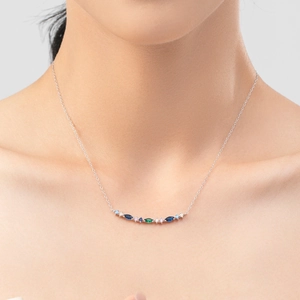Elegant S925 sterling silver necklace with colorful marquise gemstones on a model