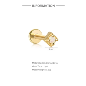 Detailed specs of a 925 sterling silver flat back labret with white opal inlay