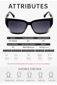 Detailed size chart for cat eye sunglasses showing lens width and frame measurements