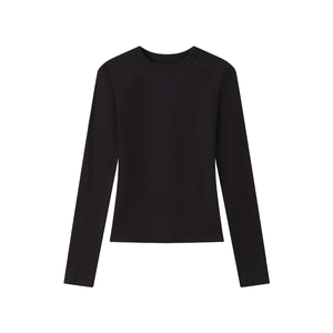 Flat lay view of a black long-sleeved modal sports T-shirt with a smooth texture