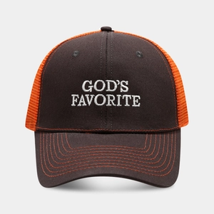 Brown and orange trucker hat with God's Favorite embroidery and breathable mesh back