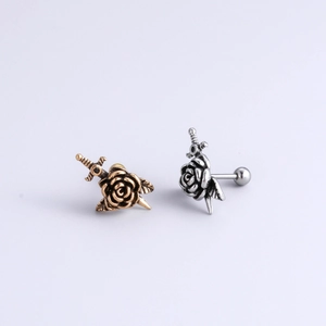 Retro stainless steel rose and sword stud earrings in antique gold and silver finishes