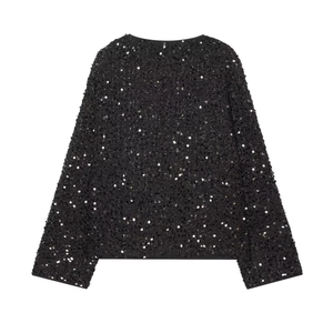 Women's sparkling black sequin jacket with long sleeves and round neck in flat lay view