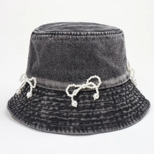 Vintage dark gray denim bucket hat for women with elegant pearl bow embellishments