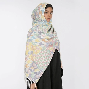 Plaid and floral pattern scarf with tassels, thick warm shawl for women in winter season