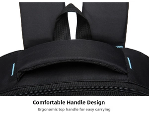 Detail of ergonomic padded top handle and reinforced stitching on durable black backpack