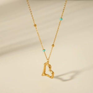 Vintage 18K gold plated stainless steel necklace with turquoise beads and heart pendant