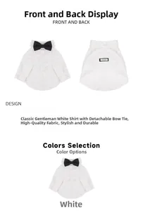 Detail of white pet formal shirt featuring a detachable black bowtie and handmade label