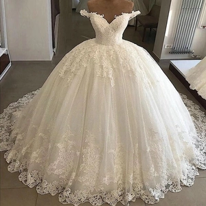 Elegant white off-shoulder lace mermaid wedding dress with vintage floral embroidery details