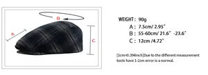 Size guide for plaid newsboy cap showing brim width, head size, and height dimensions