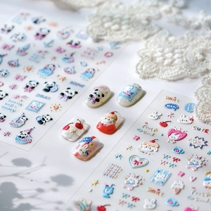 Pegatinas 3D de uñas con relieve de conejos, pandas y lindos motivos de postres de verano