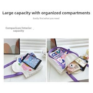 Large capacity canvas tote bag interior showing space for tablet, camera and phone