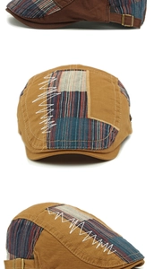 Détails d'un béret vintage en patchwork avec textures mixtes et boucle latérale réglable