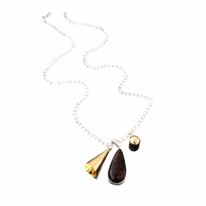 Titanium steel necklace featuring silver chain with black water drop and gold cone charms