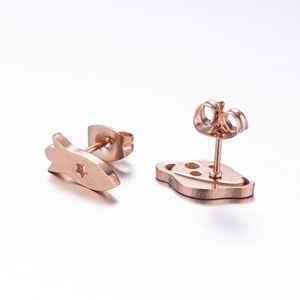 Asymmetric rose gold stainless steel stud earrings featuring planet and star rocket shapes
