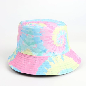 Detail of macaron tie-dye bucket hat featuring multi-row reinforced stitching on brim