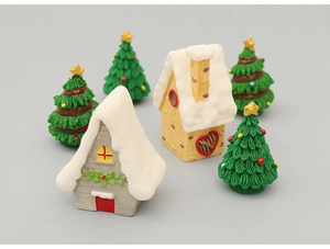 Miniature resin Christmas snow house and decorated trees set for DIY desktop decor