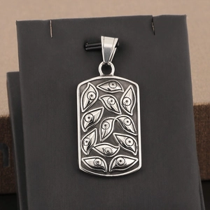 Vintage stainless steel Eye of Providence square pendant with punk embossed design