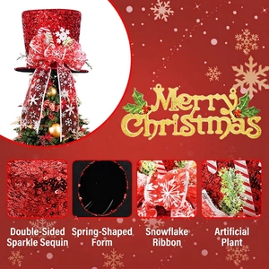 Red sequin Christmas tree topper hat with snowflake bow and spring base decoration