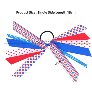 Detail view of American flag pattern bow hair tie with dimensions 30cm width and 15cm length