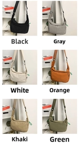 Waterproof nylon messenger bag shown in six colors with a large flap and wide strap