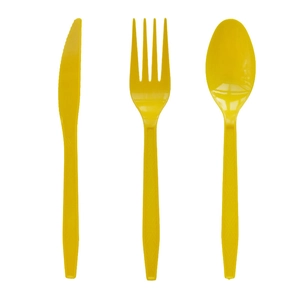 Three-piece yellow disposable plastic cutlery set with knife fork and spoon for party